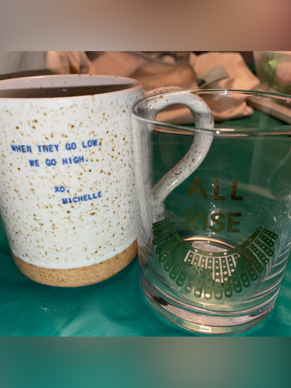 RBG & Michelle Obama Ceramic Mug with Blue Text and Clear Glass Tumbler Set
